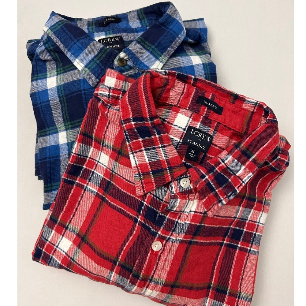 J Crew‎ Men's XL Flannel Shirts Lot of 2 Plaid Long Sleeve Button Down Blue Red
